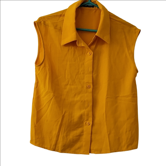 SHEIN Gold Sleeveless Notched Collar Button Down Shirt - Picture 1 of 3